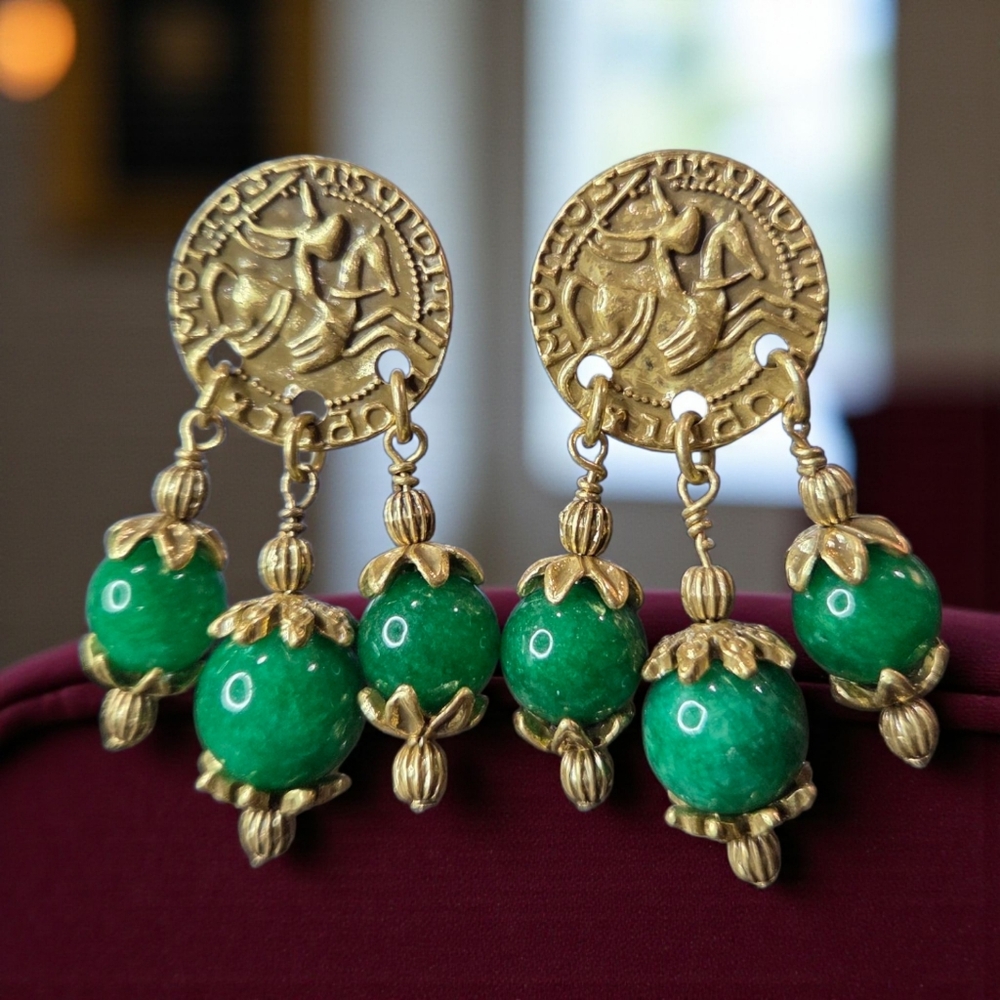 Gold and Green Dangle Earrings
